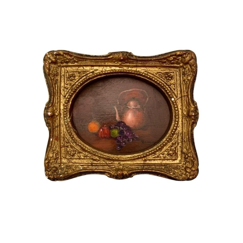 Painting Still Life Fruit Oil on Board in Plaster Frame Vintage Miniature Art